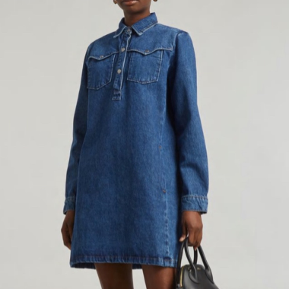 A.P.C Leana Relaxed Denim Mini Shirtdress Long Sleeve in Stonewashed Denim